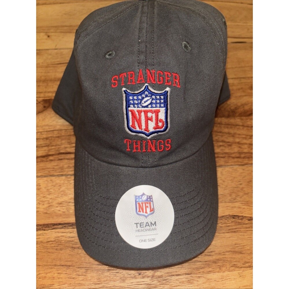 NFL X STRANGER THINGS Gray Baseball Cap Hat Logos In Red Slide Back OSFM Retro